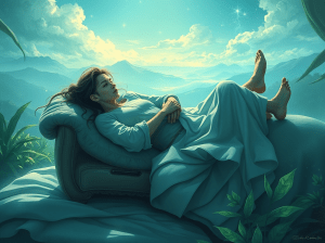 Personnage allongé dans un environnement calme, pratiquant la relaxation progressive pour induire un état d’autohypnose.