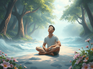 Personne assise confortablement, les yeux fermés, dans un environnement calme, profondément immergée dans une scène imaginaire, illustrant la respiration profonde en autohypnose.