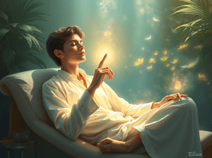 Personne assise confortablement, les yeux fermés, dans un état profond de relaxation, réalisant un geste symbolisant l’ancrage en autohypnose.