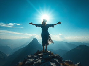 Personne au sommet d’une montagne, bras ouverts face au soleil, symbolisant la liberté et la confiance retrouvée.