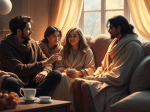 Groupe d’amis assis dans un salon, échangeant et souriant, symbolisant le soutien social et l’importance des relations humaines pour le bien-être émotionnel.