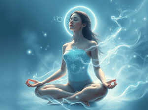 Personne assise en position de méditation, entourée d’un cercle lumineux autour de la tête et d’ondes rayonnant du corps, illustrant la concentration, l’énergie et l’équilibre intérieur.