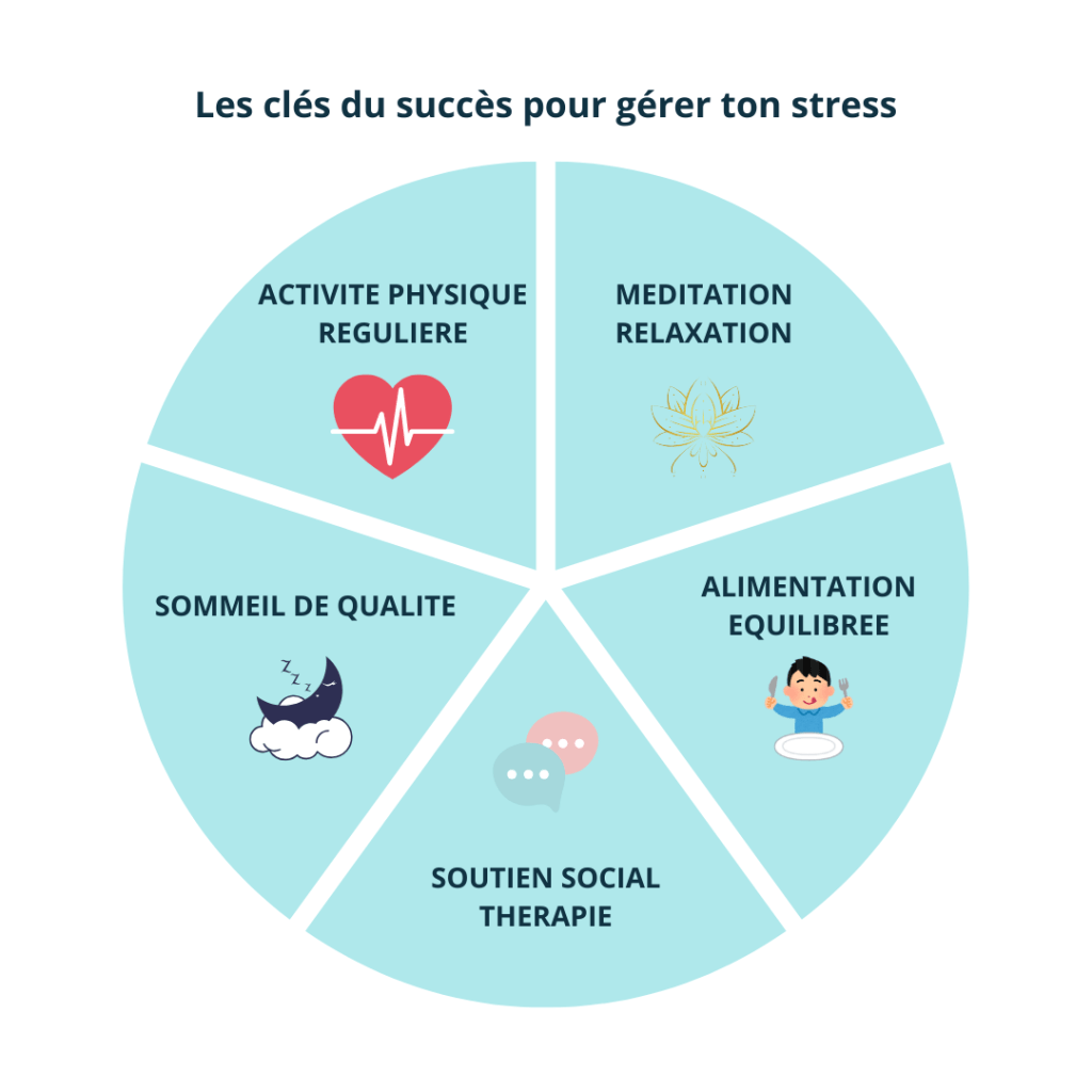 Diagramme illustrant les principales stratégies pour gérer efficacement le stress, incluant la relaxation, la gestion des émotions, l’organisation, le soutien social et les habitudes de vie équilibrées.