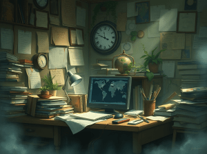 Illustration d’un bureau encombré et désordonné, symbolisant les conséquences de la procrastination sur l’organisation et l’environnement de travail.