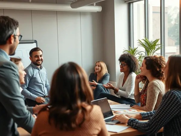 Réunion d’entreprise à Rennes avec collaborateurs engagés et souriants, illustrant la prévention du burn out et le bien-être au travail