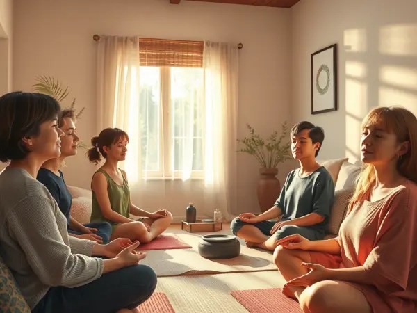 Atelier de groupe avec participants assis en tailleur sur des coussins en méditation, ambiance calme et bienveillante.
