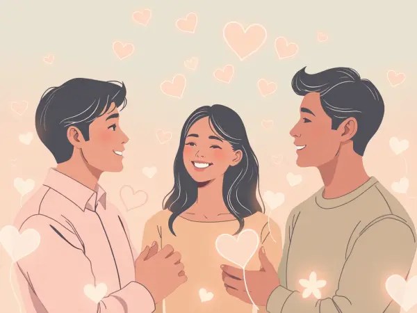 Trois personnes souriantes, une femme et deux hommes, échangeant des conversations amicales avec des cœurs flottants en arrière-plan.