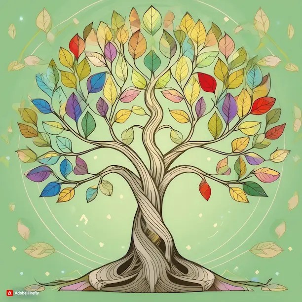 Arbre de vie aux feuilles multicolores symbolisant le bien-être émotionnel et le développement personnel.