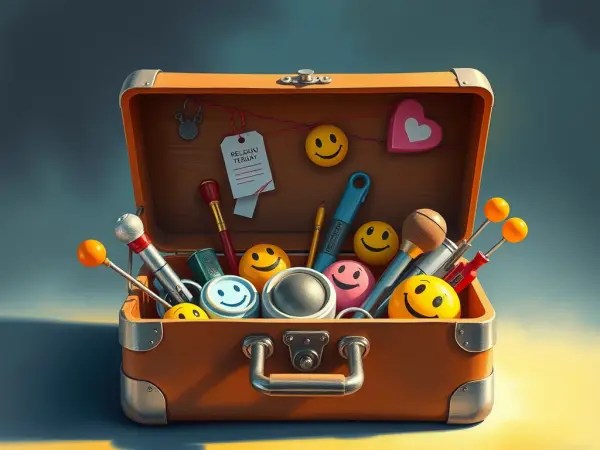 Boîte à outils avec crayons smileys symbolisant les outils de gestion émotionnelle autonome.