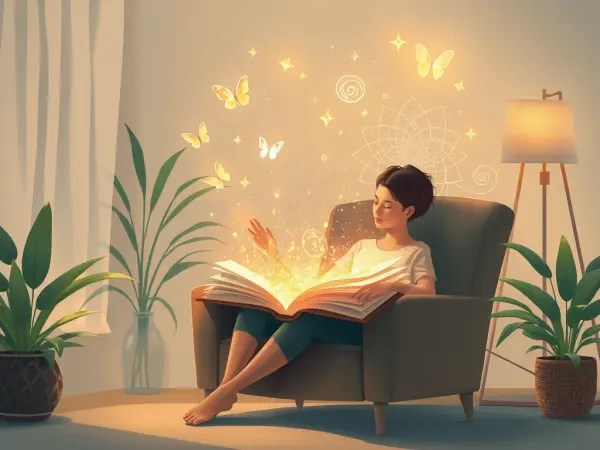 Personnage assis dans un fauteuil lisant un livre, avec des papillons et éléments lumineux s’en échappant, ambiance magique et plantes autour.