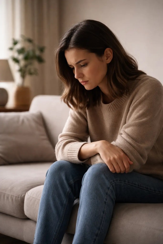 Femme assise, le regard baissé, ressentant culpabilité et surcharge émotionnelle face à la difficulté à dire non