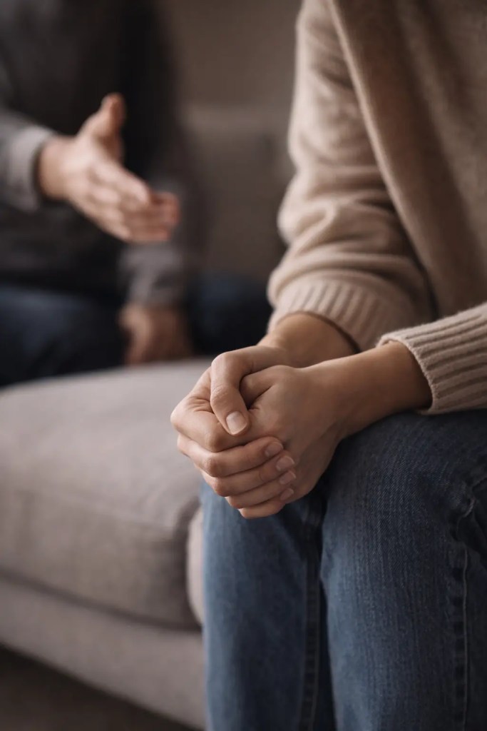 Mains crispées d’une personne ressentant une pression relationnelle, signal d’une limite émotionnelle dépassée