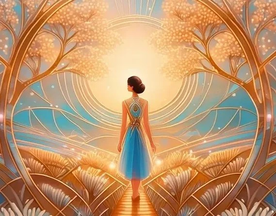 Femme avançant vers son soleil intérieur, illustration symbolisant un accompagnement en hypnothérapie à Rennes.