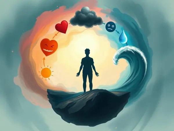 Silhouette au centre entouré d’icônes représentant des émotions variées comme la joie, la tristesse et la colère, symbolisant la gestion des émotions.