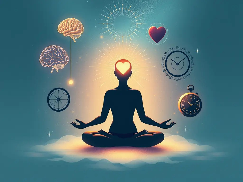 Silhouette pratiquant l’autohypnose avec symboles cerveau, cœur, montre et boussole représentant esprit, émotions et temps.