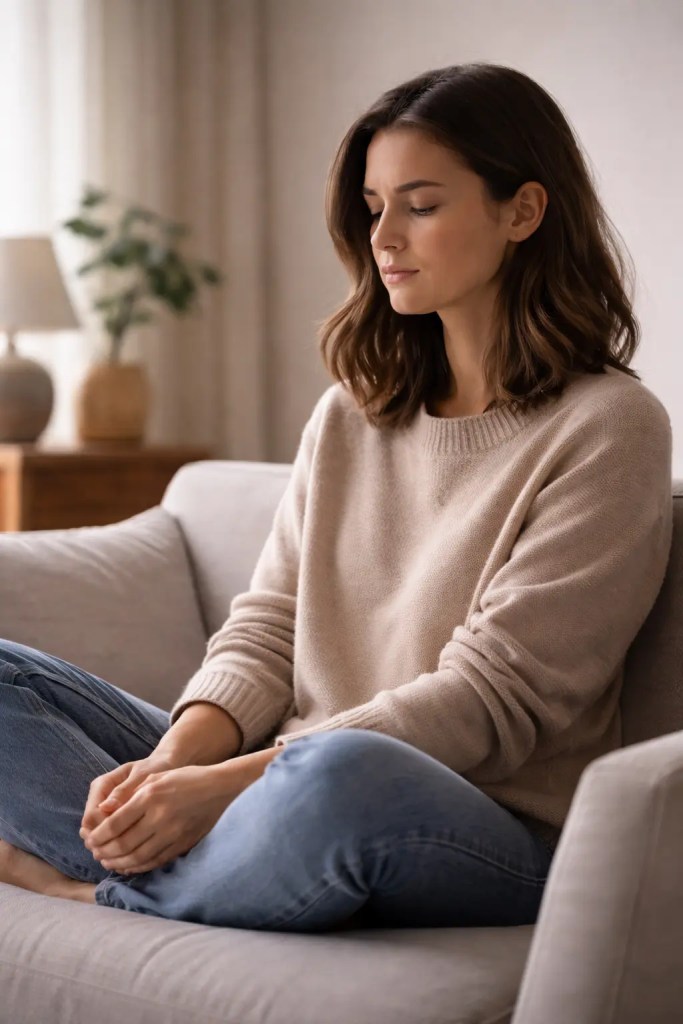 Personne assise calmement, regard intérieur, symbolisant la réflexion et l’observation de ses limites personnelles