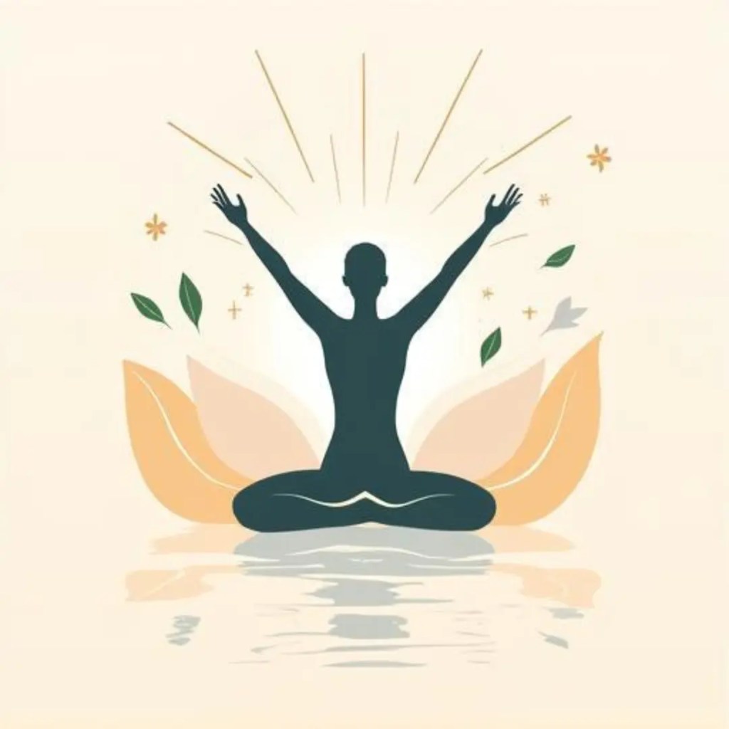 Accompagnement PNL : personnage assis en tailleur, levant les bras, entouré des feuilles qui s'envolent symbolisant la libération et l'équilibre émotionnel.