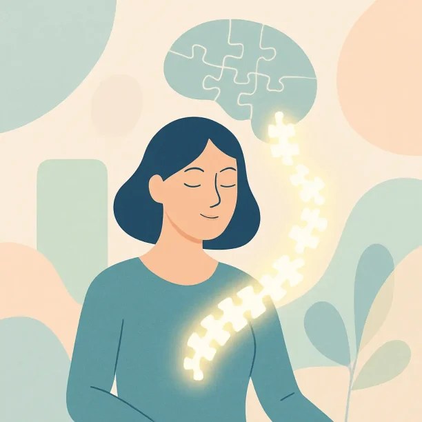 Illustration numérique d’une femme debout dans un paysage abstrait aux formes et couleurs fluides, représentant le changement intérieur et la transformation personnelle permise par la programmation neuro-linguistique (PNL).