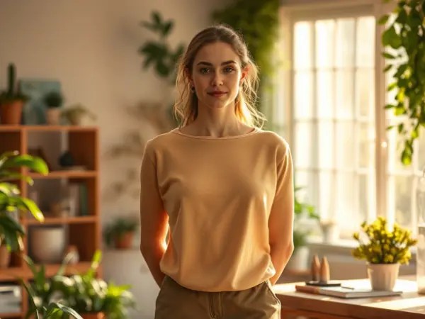 Femme souriante, confiante et sereine après un accompagnement émotionnel, dans un intérieur calme avec des plantes.