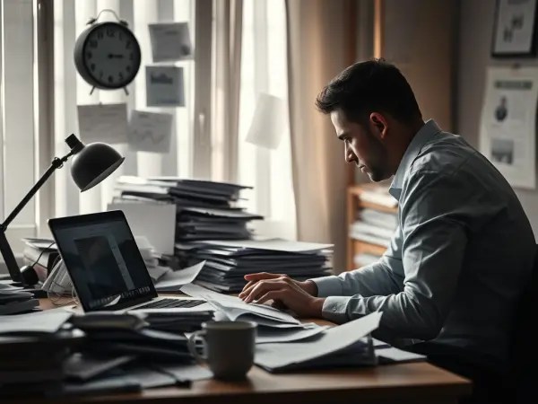 Entrepreneur travaillant sur un bureau encombré, concentré mais sous stress et surcharge de travail.
