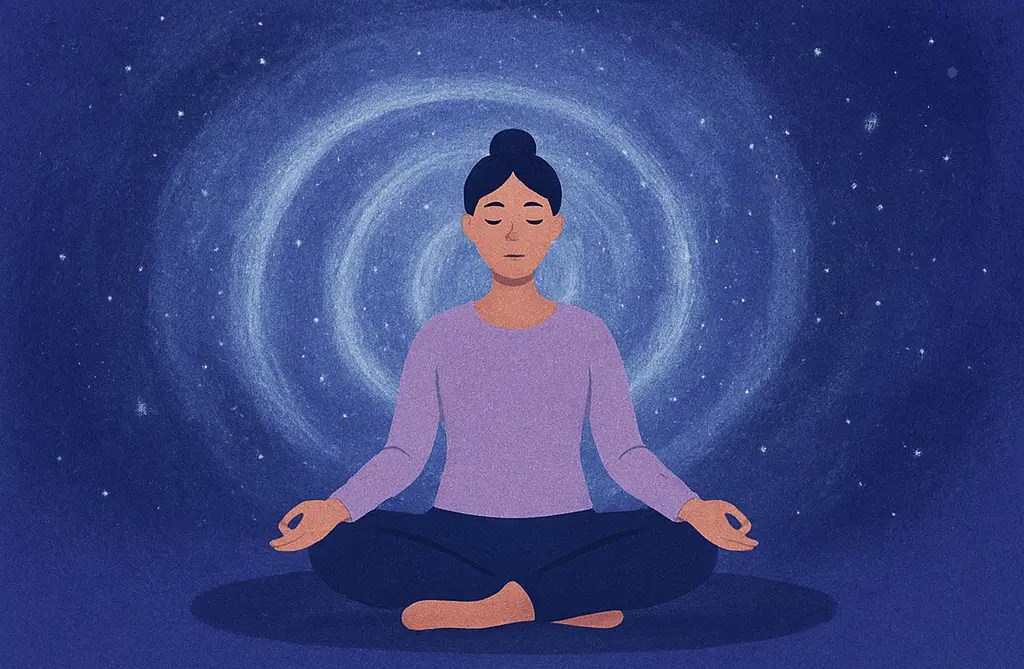 Personnage pratiquant l’autohypnose avec spirale en arrière-plan.