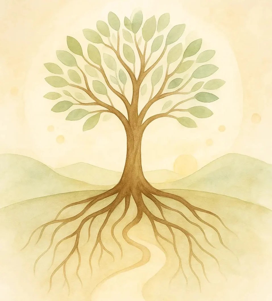 Arbre central symbolique représentant les liens et dynamiques familiales dans une constellation familiale et systémique