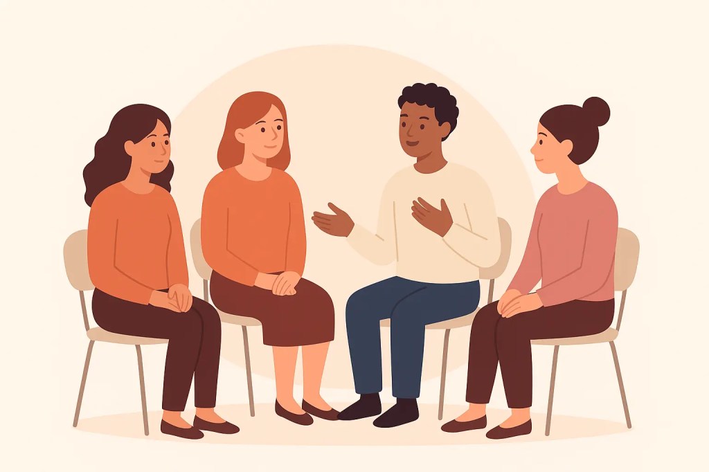 Groupe de parole sur le burn-out à Rennes, ambiance chaleureuse et bienveillante.