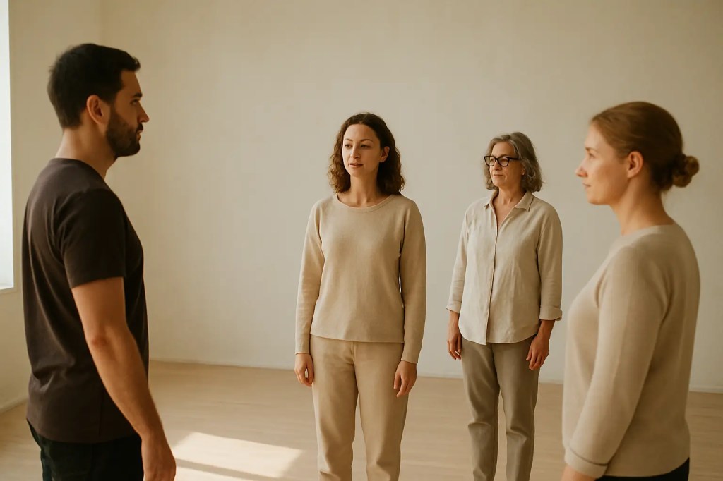 Illustration d’une constellation familiale en groupe avec des participants représentant les membres du système.