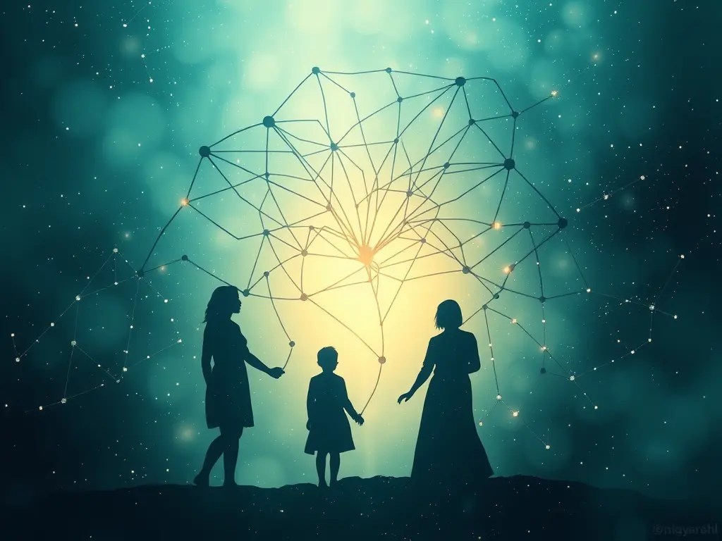 Illustration des liens invisibles entre les membres d’une famille lors d’une constellation familiale et systémique.