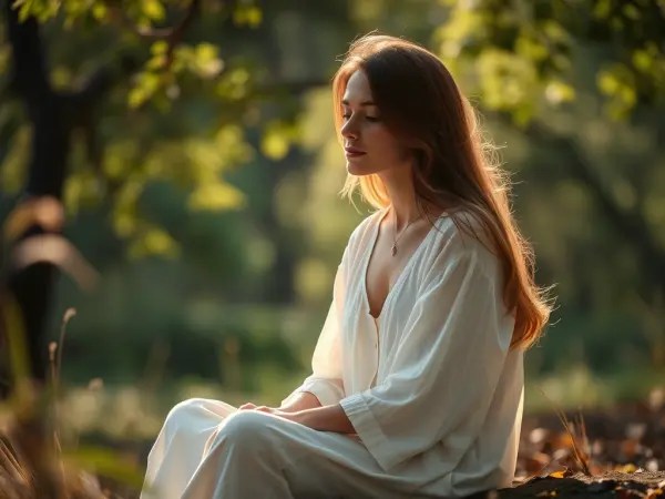 Femme assise en méditation dans un environnement naturel, entourée de lumière douce et de verdure.