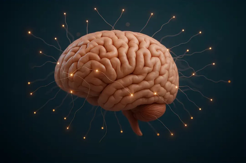 Cerveau humain avec zones lumineuses activées, illustrant l’état d’hypnose.
