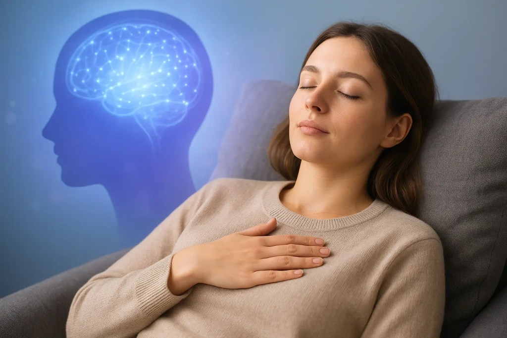 Personne en état d’hypnose avec zones cérébrales activées en arrière-plan