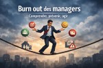 Manager sous tension sur une corde raide, entouré de symboles représentant responsabilités professionnelles et personnelles, illustrant le burn out des managers.
