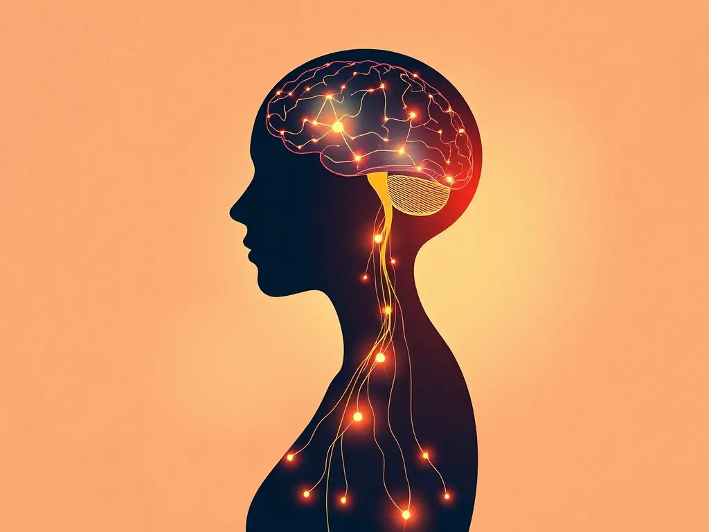 Illustration symbolique d’un cerveau et d’un corps humain connectés, avec des traces et empreintes représentant la mémoire émotionnelle et l’apprentissage inconscient du stress