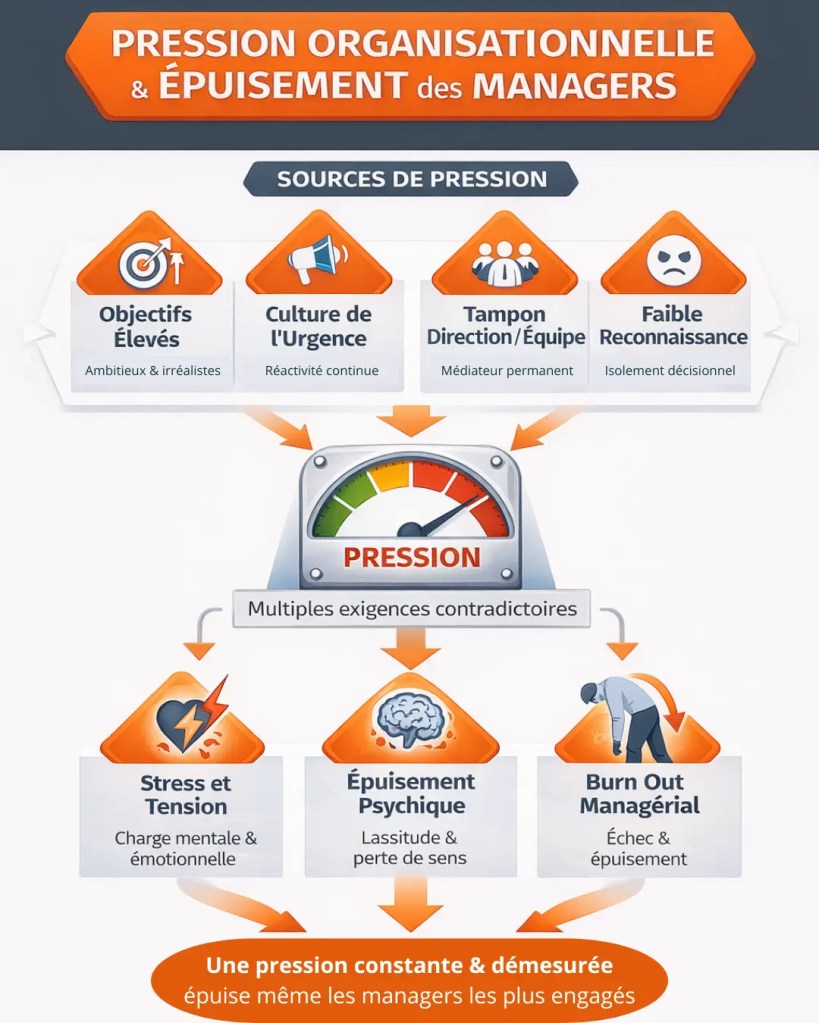 Infographie montrant comment la pression organisationnelle (objectifs élevés, culture de l’urgence, manque de reconnaissance, rôle de tampon) conduit au stress, à l’épuisement psychique et au burn out des managers