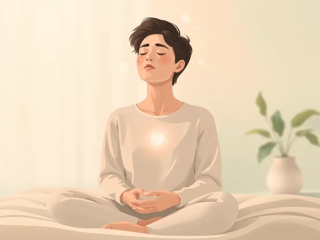 Personnage calme et serein assis en tailleur, yeux fermés, en posture d’auto-hypnose dans une ambiance douce et relaxante.