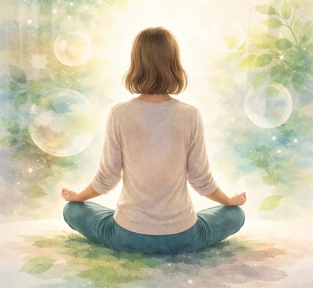 Silhouette humaine assise en méditation dans un espace lumineux et apaisant, entourée de formes symbolisant les émotions et l’équilibre intérieur, illustrant l’accompagnement émotionnel à Rennes