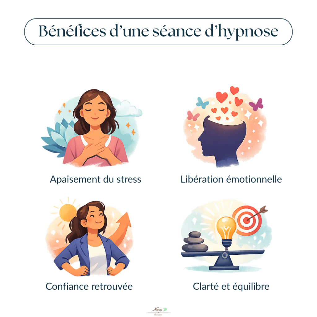 Illustration des bénéfices d'une séance d'hypnothérapie à Rennes : apaisement du stress, libération émotionnelle, confiance retrouvée, clarté et équilibre intérieur.