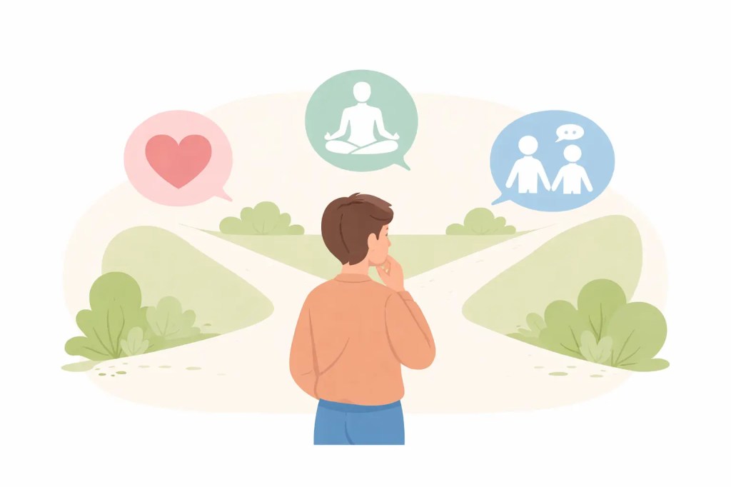 Illustration flat design d’une personne à un carrefour, choisissant entre plusieurs chemins représentant les émotions, le corps et les relations, fond pastel apaisant, symbolisant la réflexion et le choix personnel dans le parcours thérapeutique