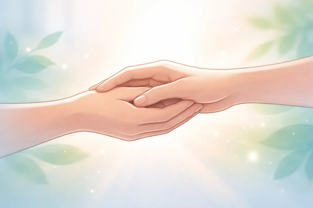 Illustration de deux mains qui se rejoignent, symbolisant l’accompagnement thérapeutique, la confiance et la relation de soutien lors du choix d’un thérapeute.