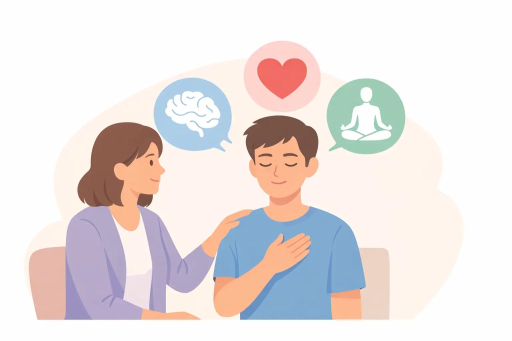 Illustration flat design d’une personne guidée par un thérapeute pour activer ses ressources internes : cerveau, cœur et corps, symbolisant l’alliance thérapeutique et l’autonomie émotionnelle, fond pastel apaisant