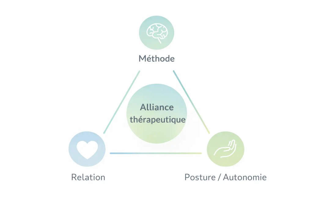 Infographie représentant les trois piliers pour choisir un thérapeute : Méthode (cerveau), Relation (cœur), Posture/Autonomie (main), avec l’Alliance thérapeutique au centre, illustrant l’importance de la relation, du cadre et de l’autonomie dans le suivi thérapeutique.