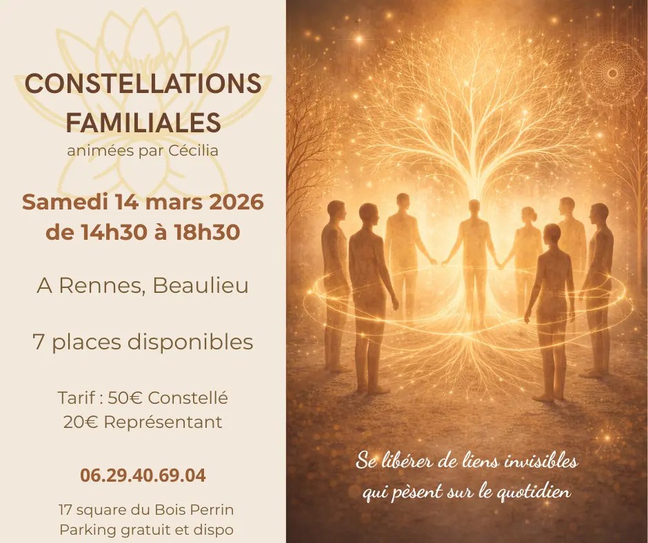 Présentation de l'atelier constellations familiales à Rennes avec les modalités et illustration de personnes en cercle reliée par un lien lumineux autour d'un arbre