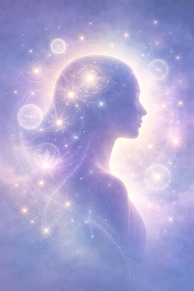 Silhouette humaine entourée de symboles lumineux représentant l’exploration de l’inconscient et des vies antérieures en hypnose spirituelle et symbolique