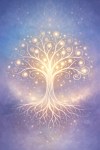 Illustration stylisée d’un arbre de vie lumineux, avec branches et racines en spirale, symbolisant l’inconscient, les symboles personnels et les vies antérieures en hypnose spirituelle et symbolique.