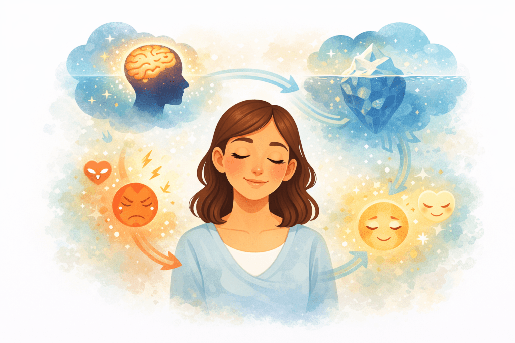 illustration d'une femme en état d'hypnose, avec symboles flottant autour d'elle qui représentent ses émotions