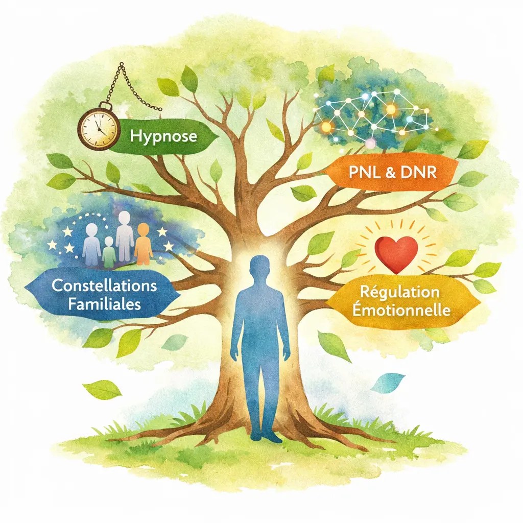 Arbre stylisé avec silhouette humaine au centre, branches représentant hypnose, PNL & DNR, constellations familiales et régulation émotionnelle, Rennes