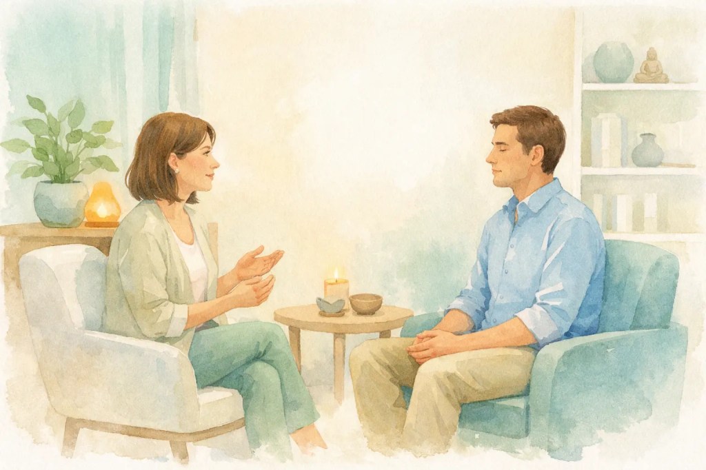 Illustration d’une séance d’hypnose, avec une thérapeute et un client assis face à face dans un espace lumineux et apaisant, pour hypnose thérapeutique ou spirituelle à Rennes.