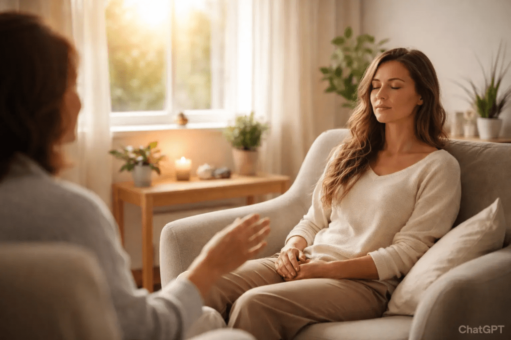 Femme assise dans un fauteuil, yeux fermés, lors d’une séance individuelle de gestion des émotions à Rennes, dans un cadre calme et bienveillant