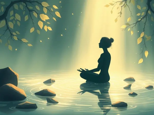 Personnage en position de méditation au milieu d'une rivière calme